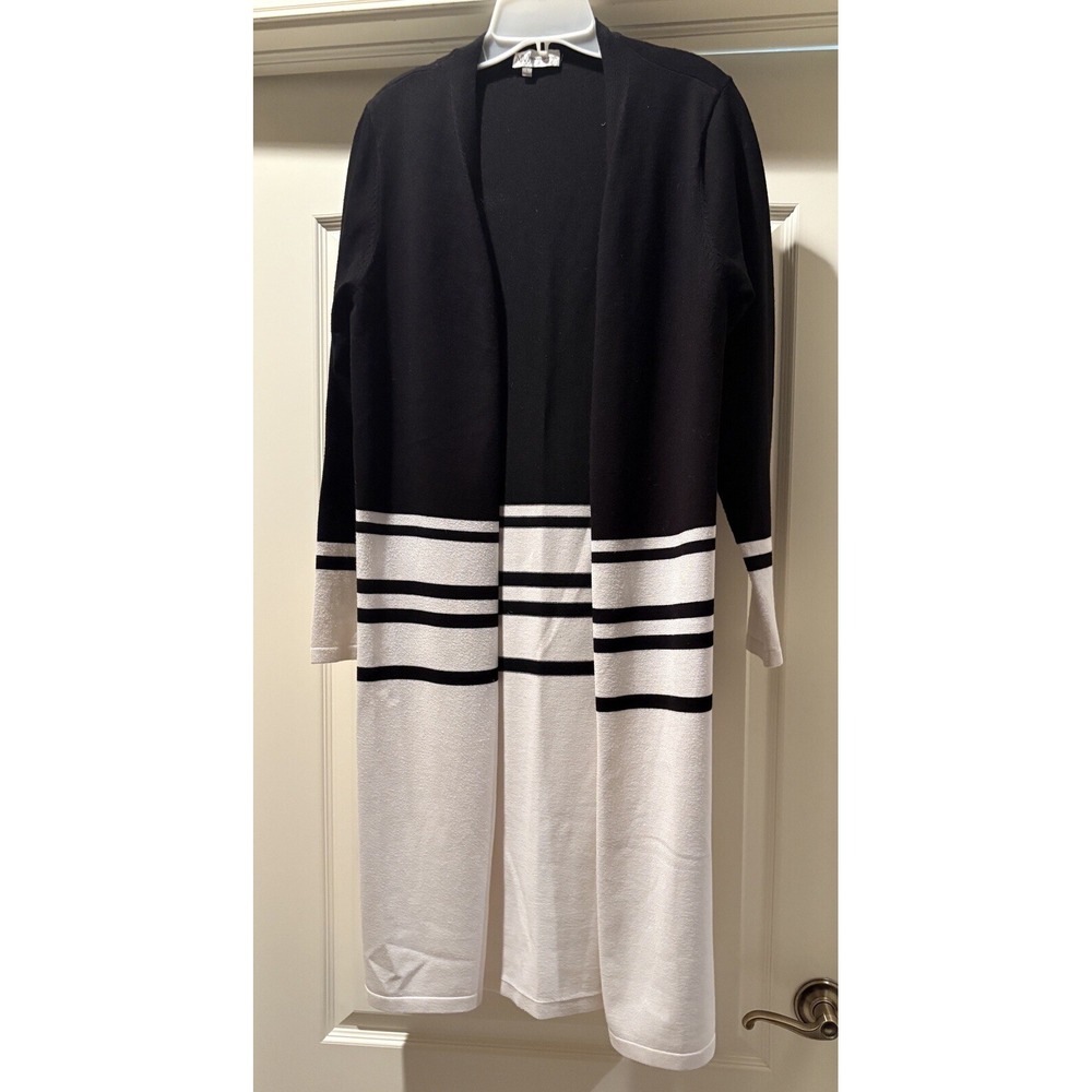 Neiman Marcus Women Black &White Long‎ Open Front Cardigan Sweater Size L